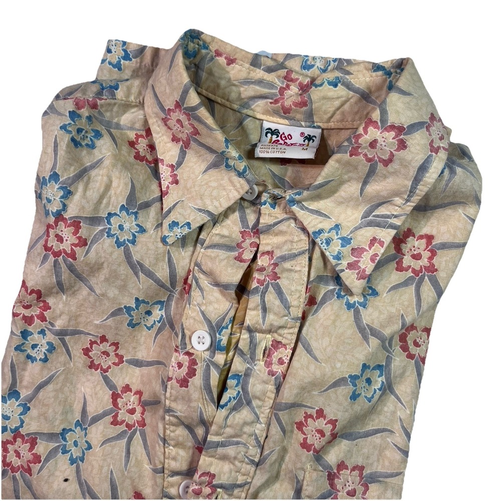 Go Barefoot Hawaiian Shirt Men's Medium Floral Plant Leaf Cotton‎ USA EUC